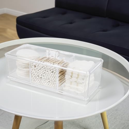 ZEXALOR Clear Bathroom Dresser Organizer - Cotton Ball Swab Holder with 3 Divided Compartments&Lid, , Waterproof Transpare...