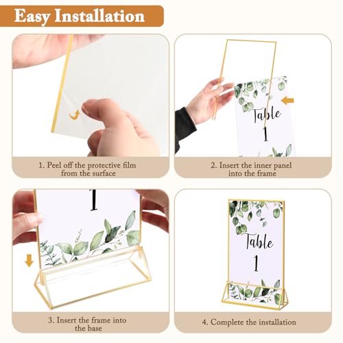 Floroom 6 Pack 5x7 Inch Clear Acrylic Sign Holders, Double-Sided Gold Display Stand Picture Frames for Table Numbers, Menu...