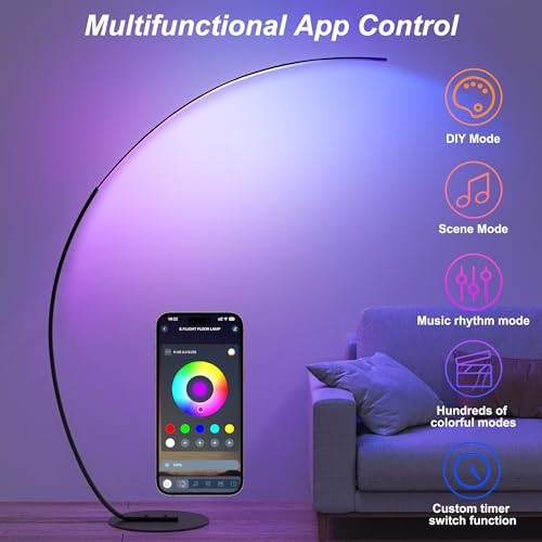 E.P. Light RGBW Modern 69.99 inch Arched Standing Reading Floor Lamp with Remote - Dimmable Black Led Color Changing Curve...