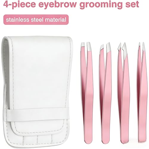 Tweezers for women facial hair, Stainless Steel Pink Tweezers Set for Eyebrows, Facial Hair, Splinter & Ingrown Hair Remov...