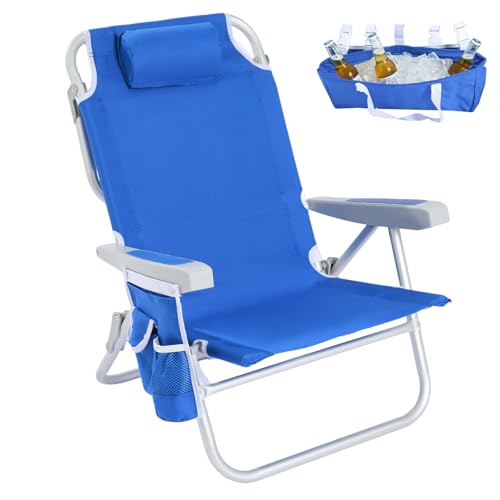 SUNNYFEEL Low Beach Chair 5 Position Lay Flat, Portable Folding Backpack Beach Chairs Heavy Duty with Cooler Bag, Cup Hold...