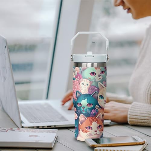 Xchearser Tumbler with Handle and Flip Straw for Women Men, 30oz Cute Cat Stainless Steel Insulated Cup, Water Bottle Trav...