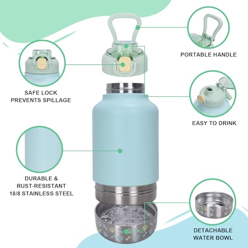 GiNT 37oz Insulated Stainless Steel Dog & Human Water Bottle | Leakproof Travel Dispenser with Detachable 10oz Bowl, 24H C...