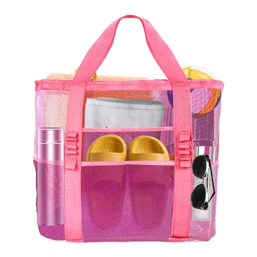 Yunaeduo Large Mesh Beach Bag - Lightweight & Foldable Family Beach Bag with 9 Pockets for Toys, Towels & Vacation Essentials