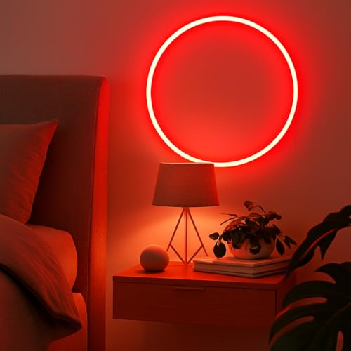 Smart RGBICW LED Circle Neon Sign– 16 Million DIY Colors RGB LED Mood Wall Sign with Bluetooth App & Inline Control, Gradi...