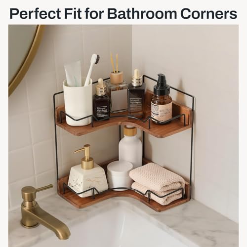 Snuvid 2-Tier Bathroom Counter Organizer, Wooden Corner Shelf for Vanity Countertop Skincare & Makeup, Storage and Organiz...