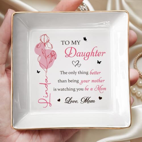 Pawfect House Gifts Personalized Jewelry Dish With Birth Month Flower, To My Daughter Ring Dish, Mothers Day Birthday Gift...