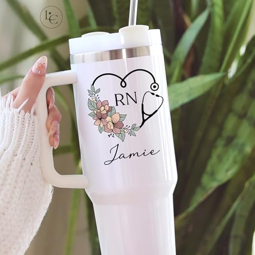 Personalized RN Registered Nurse 40oz Tumbler with Floral Stethoscope & Custom Name – Stainless Steel Insulated Travel Mug...