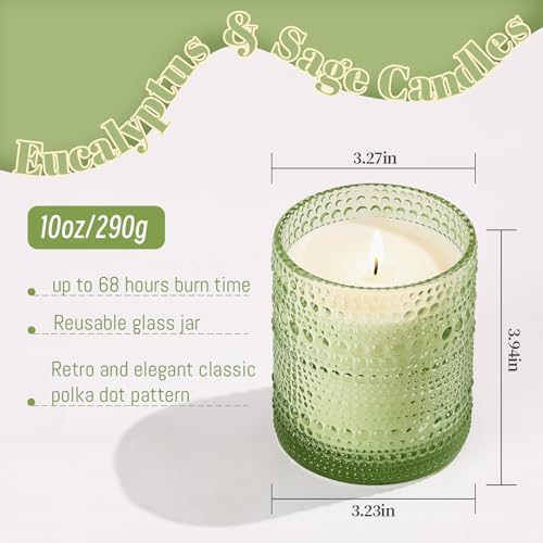 Eucalyptus & Sage Soy Scented Candles for Home- 10oz 68H Natural Soy Wax Aromatherapy Jar Candle with Strong Scent, Decora...