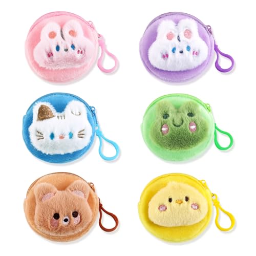 Nefokfdus 6 Pcs Cute Coin Purse for Girls Women,Kawaii Animal Mini Pouch Wallet,Plush Bag Charms Backpack Gifts Accessories