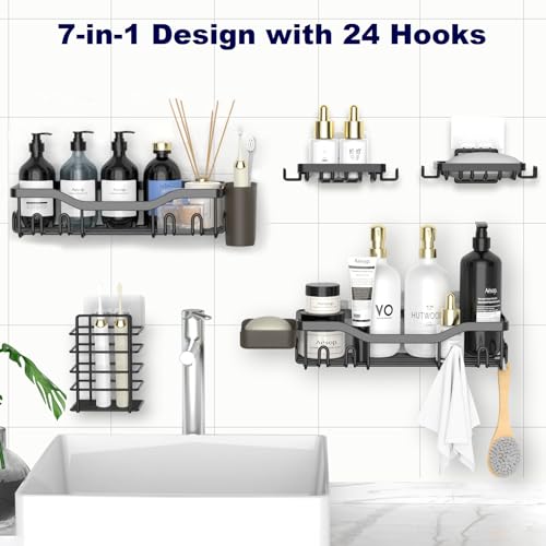 NESOMI Shower Caddy Adhesive Shower Organizer 7-Pack, Rustproof Stainless Steel Bathroom Shelves, Large Capacity No-Drill ...