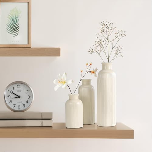 Small Beige Ceramic Vase Set of 3, Boho Modern Beige Flower Vase Room Decor, Farmhouse Decor, Vases for Your Kitchen, Bath...