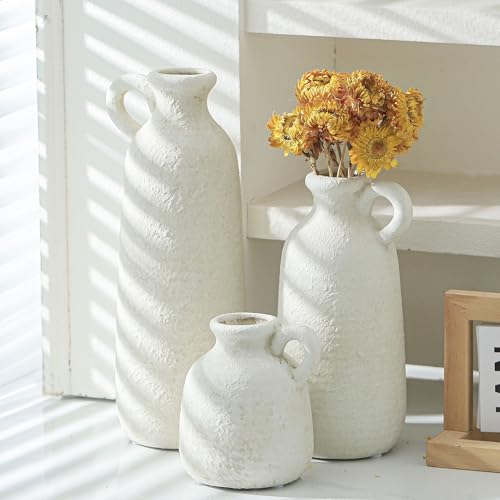 Ceramic Vase Set of 3 with Handle, Neutral Rustic Vases Home Decor Farmhouse Decorative Vase Whitewashed Pottery Decor Mod...