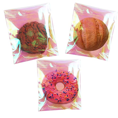 SUREHOME Cookie Bags with Seal 100 Pcs 5x6 In Iridescent Holographic Self Sealing Cellophane Treat Bags Pink Resealable In...
