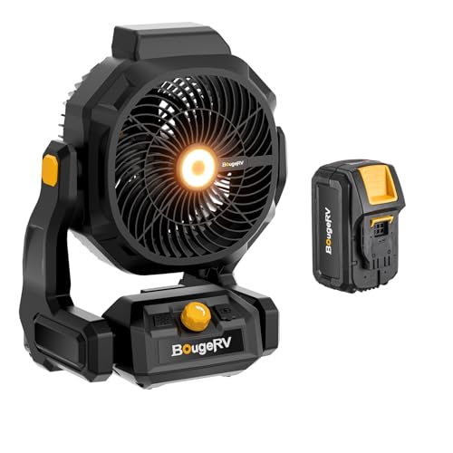 BougeRV Battery Powered Fan 755 CFM Cordless Table Fan with 8A 144Wh Removable Battery Metal Hooks AC/DC Supply USB Port L...
