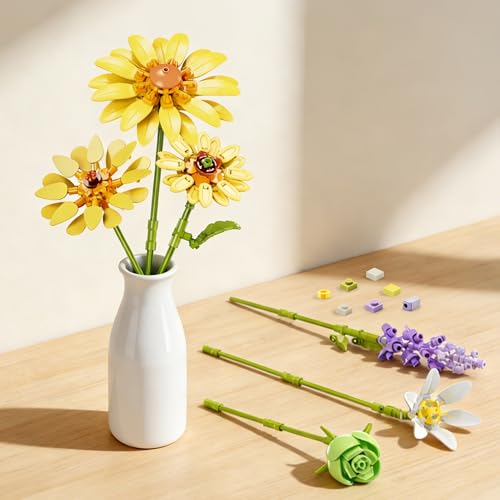 LYNGVA SAIRO Sunflower Building Blocks Set, Gift for Girls & Women, Flower Bouquet, Roses Chamomile Daisies Gerberas & Mor...