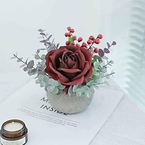 Rosscer Small Artificial Burgundy Rose Potted Plant, 6" Fake Silk Flowers in 3.5" Round Pot, Mini Faux Floral Arrangement ...