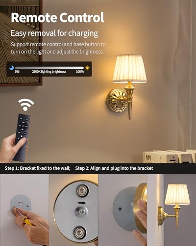 KDG Cordless Wall Sconces Set of 2, Small Wireless 5200mAh Rechargeable Battery Fabric LED Wall Lamps, Portables Lightings...