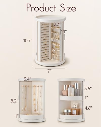 Vlando 360°Rotating Jewelry Box,Earring Organizer Large Vertical Jewelry Organizer with 6 Necklace Hooks, Open Ring Displa...