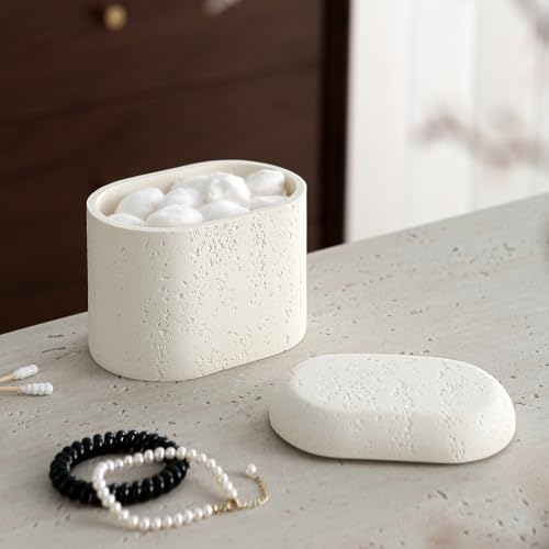 Haocoott Bathroom Qtip Holder Container, 2-Pack, Travertine Stone Look Storage Jars for Cotton Swabs, Jewelry, Floss Pick...