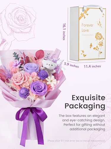 Polylove Preserved Flowers for Delivery Prime Forever Flowers Bouquet with Bear Flower Gift for Wife Women Birthday