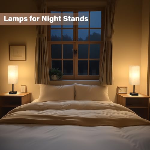 Bedside Table Lamps for Bedroom Set of 2 - Small Rectangular Nightstand Lamp with AC Outlet Charging Port, 3 Color Tempera...
