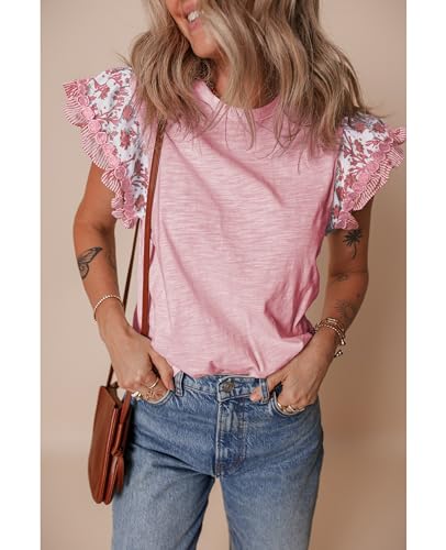 SELINK Womens Summer Ruffle Short Sleeve Top Crewneck T Shirts Floral Trim Casual Blouses