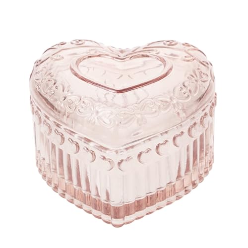 MTJYQYF Vintage Glass Jewelry Box - Heart Shaped Display Box for Storage Ring Earring Trinket Jewelry, Pink Cute Room Deco...