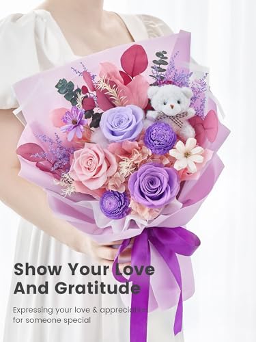 Polylove Preserved Flowers for Delivery Prime Forever Flowers Bouquet with Bear Flower Gift for Wife Women Birthday