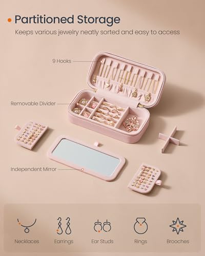 SONGMICS HOME Travel Jewelry Case, Travel Jewelry Box Organizer with Mirror, 4.1 x 8 x 2.4 Inches, Stitching, Portable, Gi...