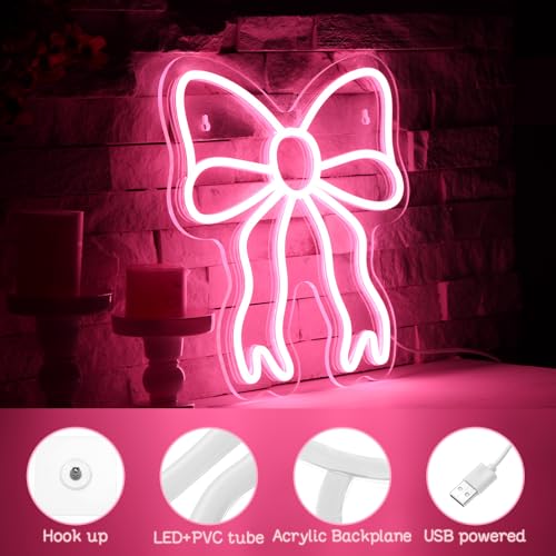 Retisee Pink Bow LED Neon Sign Bedroom Women Room Neon Light Sign Coquette Aesthetic Home Wall Preppy Dorm Beauty Room Sal...