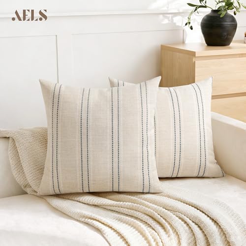 AELS 18x18 Decorative Farmhouse Linen Blend Throw Pillow Covers, Boho Textured Pillow Case, Set of 2, Beige with White & G...