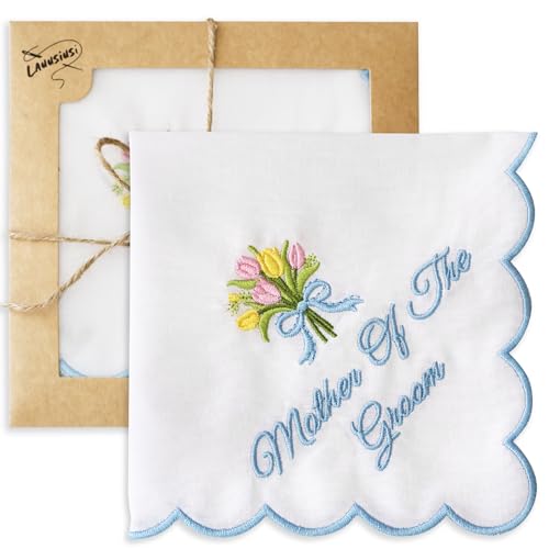 Lauusiusi Wedding handkerchiefs - Mother Father of the Bride Gifts 11" x 11" Something Blue Embroidered Hankies Gifts