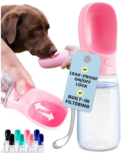 MalsiPree Leak-Proof Portable Dog Water Bottle for Travel - 19 oz, with Pink Bowl - Food Grade Plastic - Dog Bowls - Puppy...