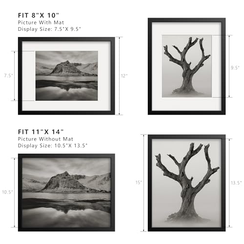 Xenoluma 11x14 Black Picture Frame with 8x10 Mat - Shatter Resistant HD Plexiglass, Wall Mount, Vertical Horizontal Displa...