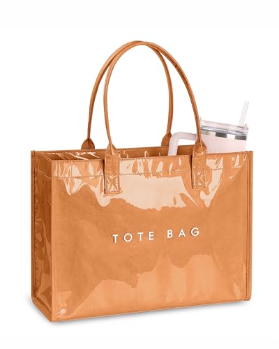 Large PVC Tote Bag for Women, Kraft Paper Handbag Beach Tote with Letter Print, Top Handle Purse for Work Travel Shopping