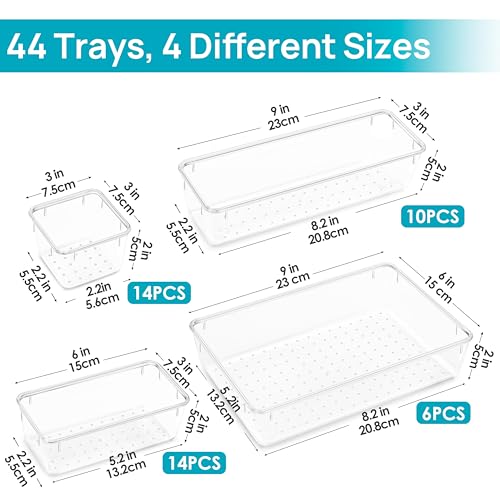 Vtopmart 44 PCS Clear Plastic Drawer Organizers Set, 4-Size Versatile Bathroom and Vanity Organizer Trays, Non-Slip Storag...