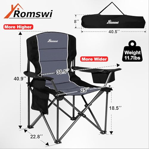 Romswi Oversized Camping Chairs,Heavy Duty Support 500 LBS,Padded Back & Arm Sport Chairs, Cup Holder Cooler Bag, Collapsi...