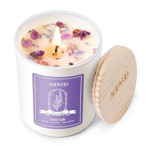 AOOVOO Lavender Scented Candles for Women - Aromatherapy Candle with Crystals Inside, 7oz Soy Candles for Home Scented, Bi...