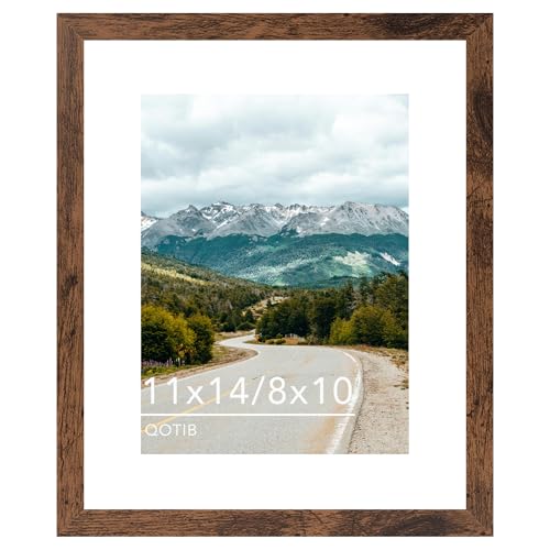 QOTIB 11x14 Picture Frame with 8x10 Mat Deep Brown, Display 8x10 with Mat or 11x14 Without Mat, Wood 11 by 14 Photo Frame,...