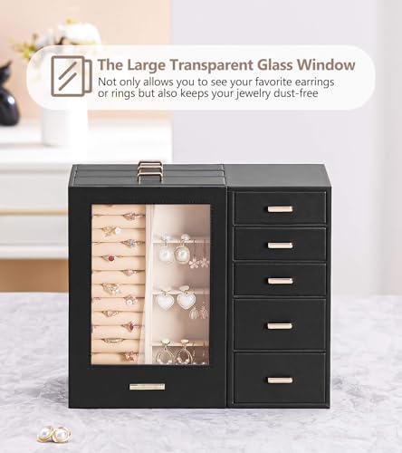 Homde Large Jewelry Box/Organizer/Case with Glass Window, Drawers for Necklaces Earrings Rings Bracelets Watches Gift for ...