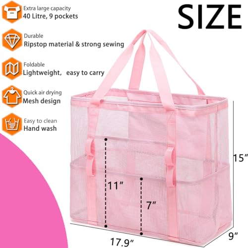 Fammart Mesh Beach Bag with Zipper, Large Beach Tote for Women, Toys Pool Swim Bag Travel Vacation Cruise Essentials