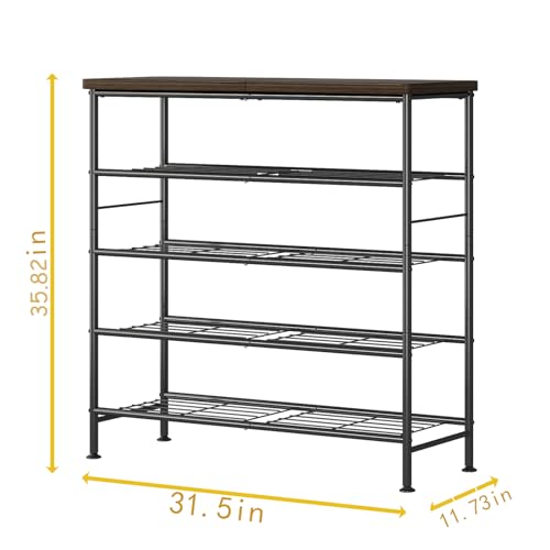 SUOERNUO Shoe Rack Organizer 5 Tier for Closet Entryway Free Standing Metal Storage Shoe Shelf with MDF Top Board，Black+Ru...
