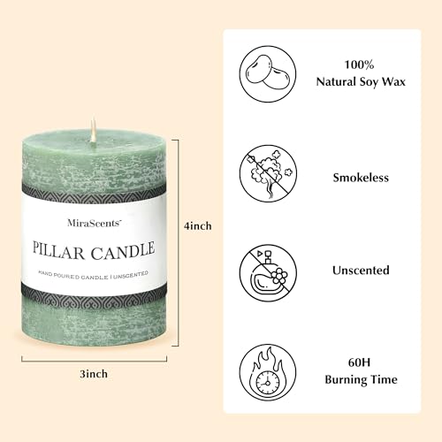 3x4 Inch Sage Green Pillar Candles - Set of 3, Unscented, Long Burning, Smokeless Dripless Candles for Spring Home Decor, ...
