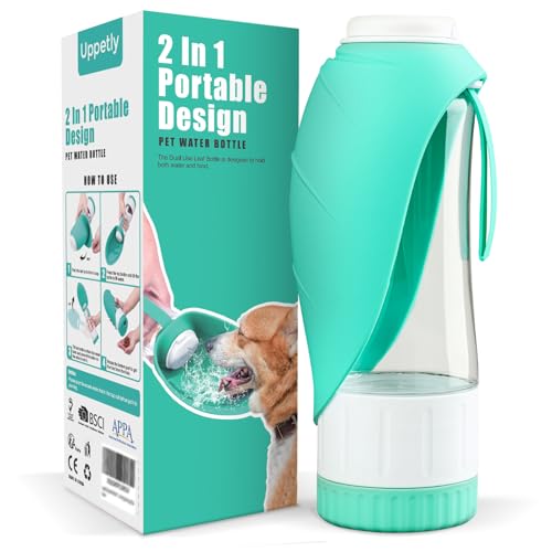 Uppetly Dog Water Bottle, Pet Water Bottle with Food Container and Drinking Feeder, Leak Proof, BPA-Free, Portable Foldabl...