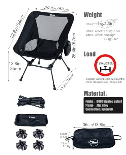 iClimb Ultralight Compact Camping Folding Beach Chair with Anti-Sinking Large Feet and Back Support Webbing (Black - Squar...