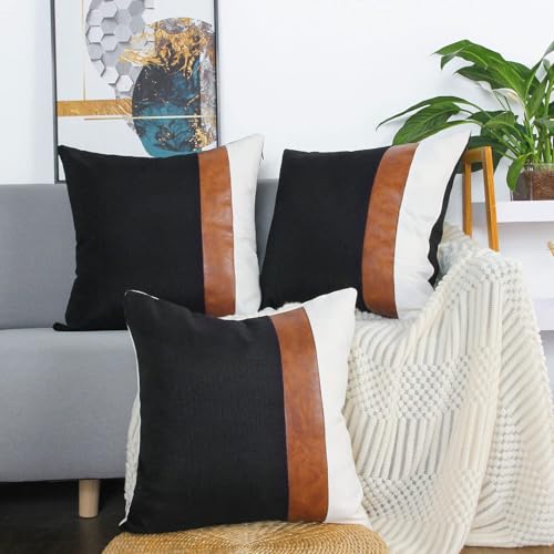 cygnus Set of 2 Faux Leather and Linen Throw Pillow Covers 22x22 Inch Black and White Modern Decorative Accent Cushion Cov...