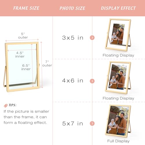 Golden State Art, 2 Pack, 5x7 Inch Metal Picture Frames, Floating Display for 4x6, 3x5 Photos, with Real Glass and Pull-Ou...