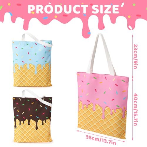 JATEBI 3 Pcs Ice Cream Canvas Tote Bag, Reusable Grocery Shopping Bag, Cute Shoulder Bag Gift for Ice Cream Lover Work Bea...
