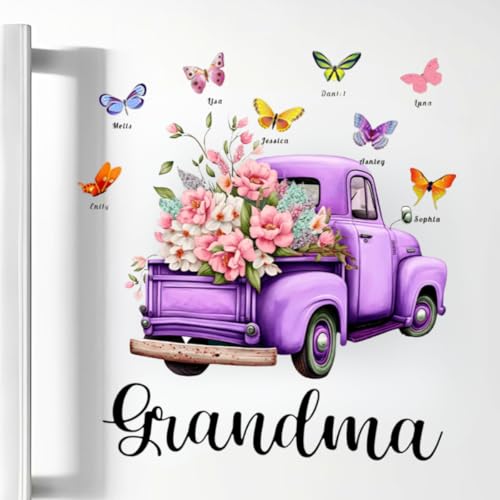 Gift for Grandma Pink Floral Truck Butterflies Sticker, Grandma Floral Butterfly Fridge Decal with Grandkids Names, Colorf...